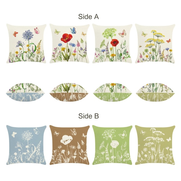 Sæt med 4 pudebetræk Blomster 45 x 45 cm Dobbeltsidet Sommerfuglehave Polyester Linned Dekorativt pudebetræk Dekorative pudebetræk