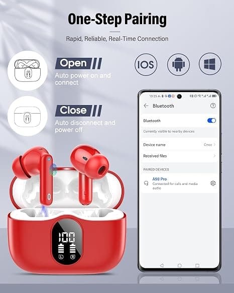 Trådløse hovedtelefoner Bluetooth 5.4 med LED-display, støjreducerende mikrofon, HiFi Stereo In-Ear hovedtelefoner, IP7 vandtæt til iPhone Android Red