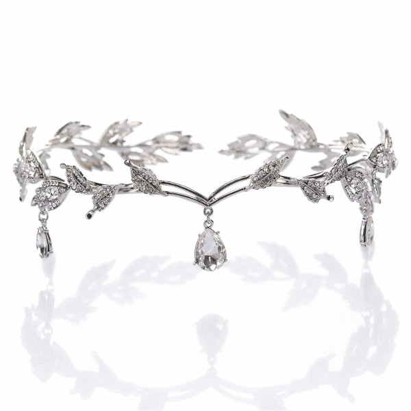 Remedios Rhinestone Leaf Bryllupskronehodebånd for bruder, krystallhengende tiara-pannebånd til bryllupsballbursdag, sølv