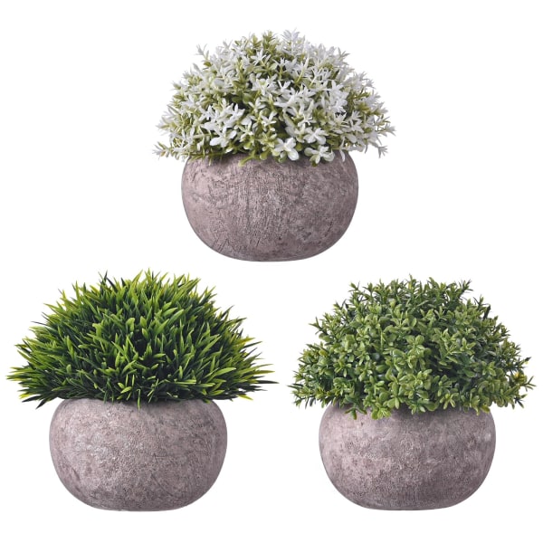 Kunstig plante, kunstig grønt græs Bonsai kunstig plante, sæt med 3, med grå potte - dekoration til bryllup, kontor og hjem (ABC)