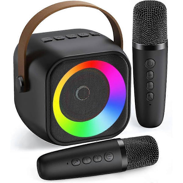 Karaoke-laite lapsille ja aikuisille, Mini kannettava Bluetooth-karaokekaiutin 2 langattomalla mikrofonilla ja valolla Black 2 mic