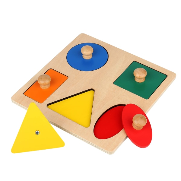 Montessori träpusselbrädeknopp Träpussel Geometrisk formpussel Tidig utbildningsmaterial Sensorisk leksak (5 geometriska former)