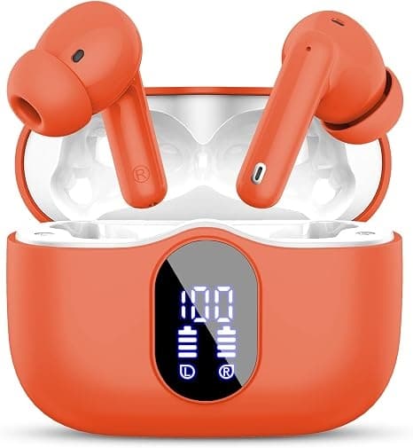 Trådløse hovedtelefoner Bluetooth 5.4 med LED-display, støjreducerende mikrofon, HiFi Stereo In-Ear hovedtelefoner, IP7 vandtæt til iPhone Android Orange