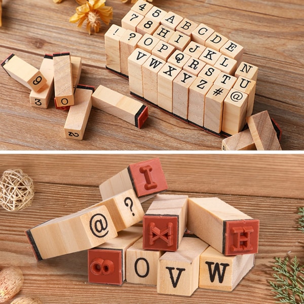 Alfabetstempler, 40 stk gummistempler av tre - Sett med store bokstaver og symboler - Minibokstavstempler og blekkputesett
