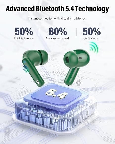 Trådløse hovedtelefoner Bluetooth 5.4 med LED-display, støjreducerende mikrofon, HiFi Stereo In-Ear hovedtelefoner, IP7 vandtæt til iPhone Android Green