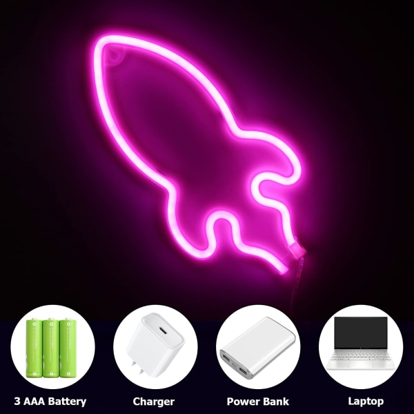 Rocket-neon-seinäkyltit, LED-kyltit Valokyltit seinäkoristeisiin Paristokäyttöinen tai USB pidikkeellä, Rocket-Pink valo