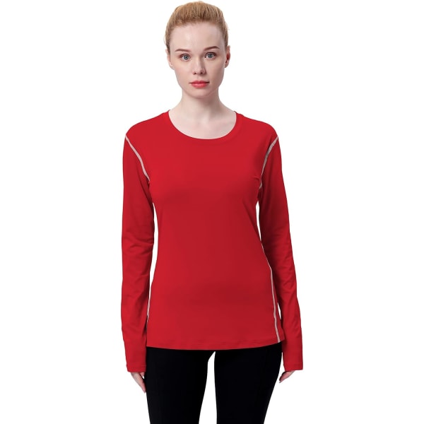Kompressionströja för damer med torr passform och långärmad löpning atletisk T-shirt träningströjor, stor 3-pack (svart+grå+röd)