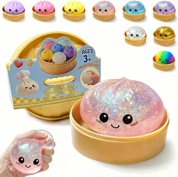 Glittrande Dumpling Squishy Leksak, Mjuk Stretchig Klämboll med Ångkokare för Barn & Vuxna Glitter Pink