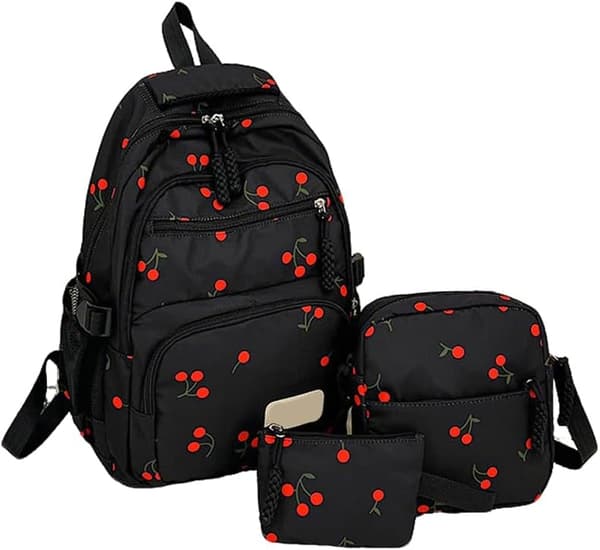 3 stk. sæt kirsebærrygsæk til piger, æstetisk skoletaske til piger søde rygsækssæt, skoletaske med blomsterprint (sort) Cherry ，black