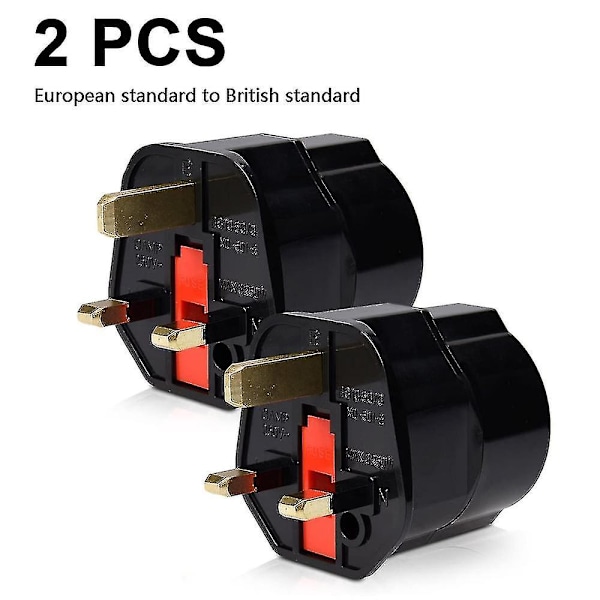 2x Reiseadapter Adapterplugg for England - Reiseplugg Strømadapter EU til UK Sokkel - Reiseplugg Black Red