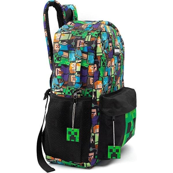 Minecraft Rygsæk til Drenge, Sort Skoletaske, Grøn Creeper Zombie Skelet Enderman & Huleedderkop, Børn