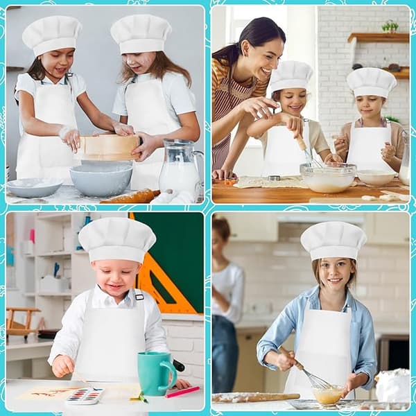 Forkle og kokkehattsett for barn, justerbart barneforkle, barnekokkemaling for matlaging og baking, hvit white