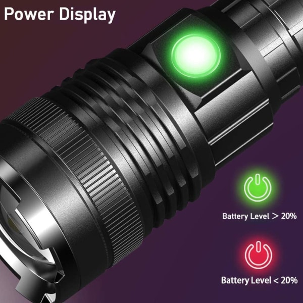 LED XHP70-lygte genopladelig 20.000 lumen Super lyse taktiske fakler 5 tilstande Zoombar vandtæt håndholdt lommelygte[Energiklasse A+++]