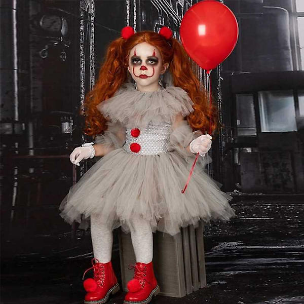 Clowndräkt för flickor, Halloween Cosplay Partykostym, Mesh Prinsessklänning, Hårklämma, Handske Set, Barn 100cm
