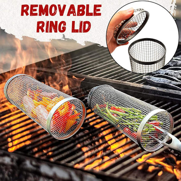 Pyörivä grilliritilä, kannettava grilliritilä vihanneksille, ulkogrillin lisävarusteet, pyöreä grilliritilä vihanneksille, ranskanperunoille M