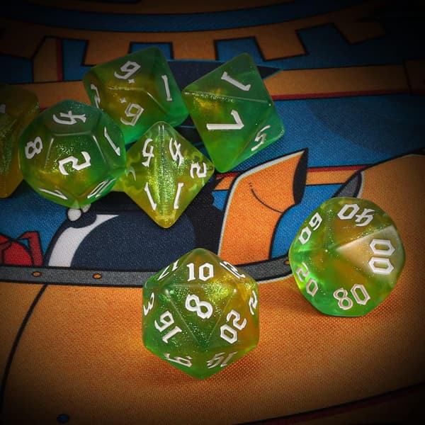 Spilterningssæt, 7 stk. polyhedralsæt til Dungeons and Dragons RPG MTG rollespil bordspil (gul+grøn) yellow+green
