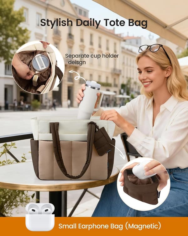 1 stk. mulepose til kvinder, letvægts puffer laptop håndtasker arbejdstasker med lynlås og rum, khaki Khaki