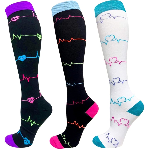 Kompresjonssokker kvinner og menn 20-30 mmhg knehøye sokker - best for løping, pleie, fotturer, restitusjon og fly (04-3 Pack Heart Fluctuation，Large-X-Large)