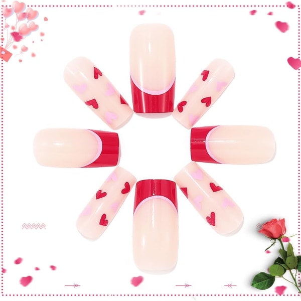 Valentine's falske negler rosa hjerte trykk på negler fransk korte falske negler kjærlighet stikk på negler for kvinner og jenter 24 stk