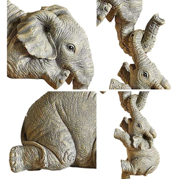 Sæt med 3 elefantfiguriner til hylden - med mor-elefant og 2 hængende babyelefanter, der hænger fra hylden, håndmalede samlefigurer i harpiks