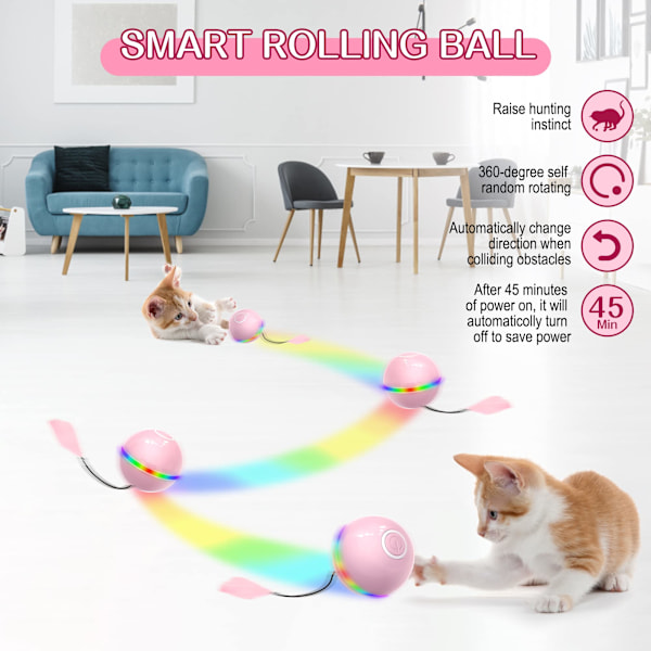 Interaktiv katt leksak boll med LED-ljus och kattmynta, ringklocka fjäderleksak, USB-laddningsbar jaktkatt rolig chaser rulle