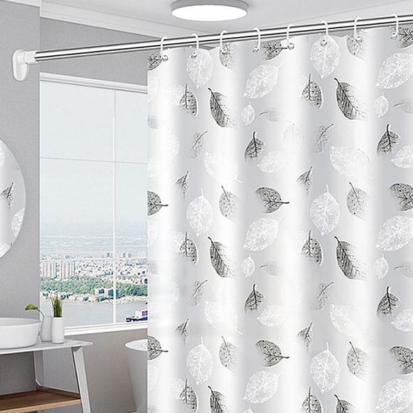 Badeforhæng 180 × 200 cm Badeværelsesgardin - Hvide Farve Blade Anti-Mug Gardin - med 12 gardinkroge - Vaskbart badeforhæng