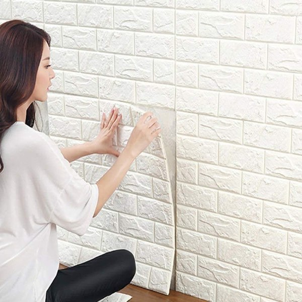 Pakke med 10 3D veggpaneler selvklebende tapet Vanntett veggdekorasjon (hvit)