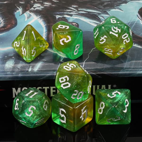Spilterningssæt, 7 stk. polyhedralsæt til Dungeons and Dragons RPG MTG rollespil bordspil (gul+grøn) yellow+green