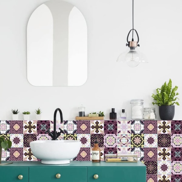 24 kpl purppuraisia ​​marokkolaisia ​​laattatarroja, vaaleanpunaisia ​​keittiön kylpyhuoneen seinälaattatarroja, kuori ja kiinnitä laattojen siirtokuoreen kansitarroja (15 cm x 15 cm)