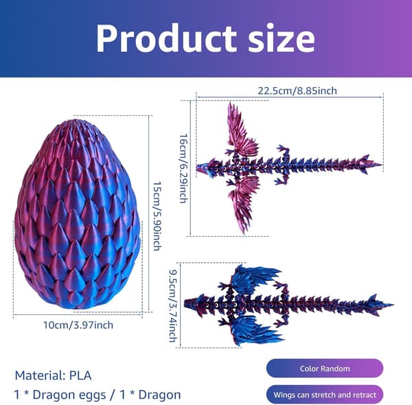 3D-printet drage i egg, ledd-drage krystalldrage med egg, mystisk fleksible ledd drage fidget leketøy påskeeggjakt