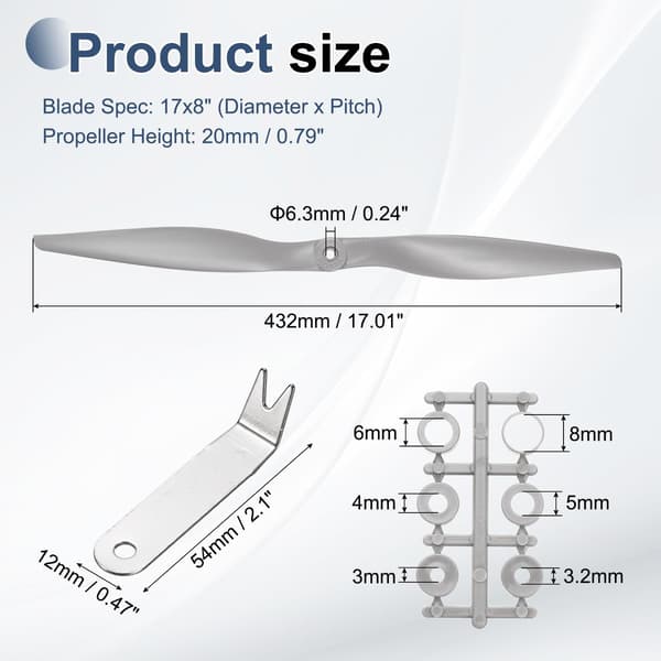 MECCANIXITY 17x8 tommer RC-propeller, 2-bladet propellerudskiftning grå højhastighedspropeller med adapterringe og propelnøgle til RC-fly 17" x 8" 1