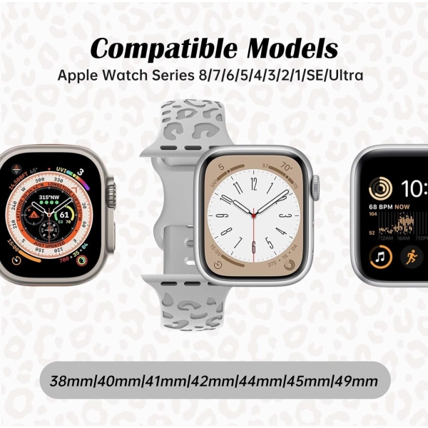 Leopard Print Pehmeä Silikonihihna Yhteensopiva Apple Watch -hihnojen kanssa 38mm 40mm 41mm Naiset Miehet, Vaihtokelpoiset Rannekkeet Yhteensopivat Apple Watchin kanssa grey 38/40/41MM