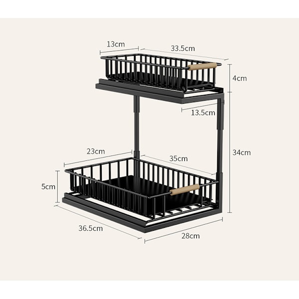 2-vånings skjutbart diskhoorganiserare för kök, badrum, organiserare och förvaringsställ, svart/vit