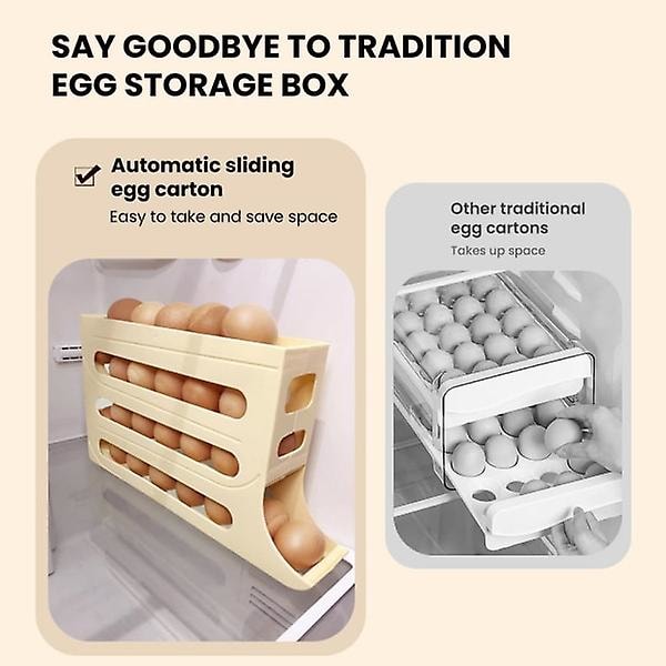 4-etasjes eggestativ for kjøleskap, eggestativ for kjøleskap, eggdispenser automatisk rullende eggbrett oppbevaring 30 egg