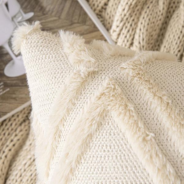 Set med 2 putetrekk, dekorative puter, ullputetrekk, fløyelpelsputer, boho dekorative puter, 45 x 45 cm, beige