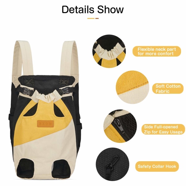 Hundbärarryggsäck för små medelstora hundar, katter, justerbar resväska för sällskapsdjur med frontbröst, ventilerande mesh （XL，gul & vit）