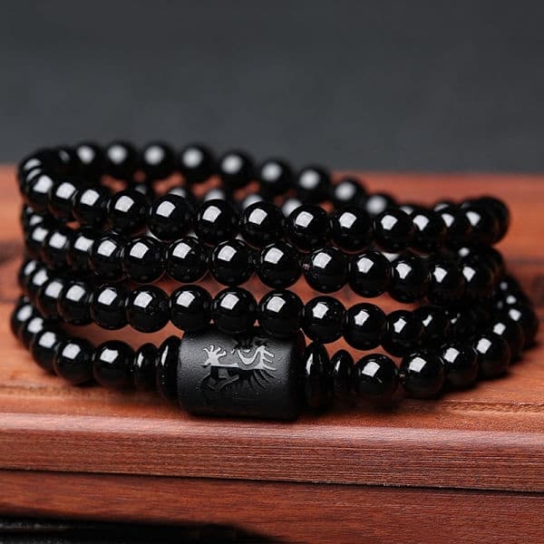 Krystall Obsidian Armbånd Gravert Drage Totem Sylinder Perler Natu