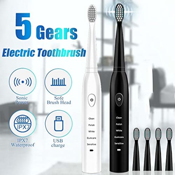 Sonic sähköhammasharja, 4 ilmaista vaihtopäätä mukana lahjana Käytä USB pikalatausta vedenpitävää hammasharjaa (musta)