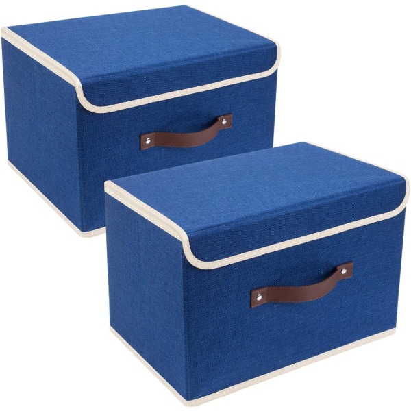 Sammenfoldelige opbevaringsspande 2-pak opbevaringsbokse med låg og håndtag Opbevaringskurve i linned Opbevaringsorganer til legetøj, hylder, bøger osv. (Classic Blue)