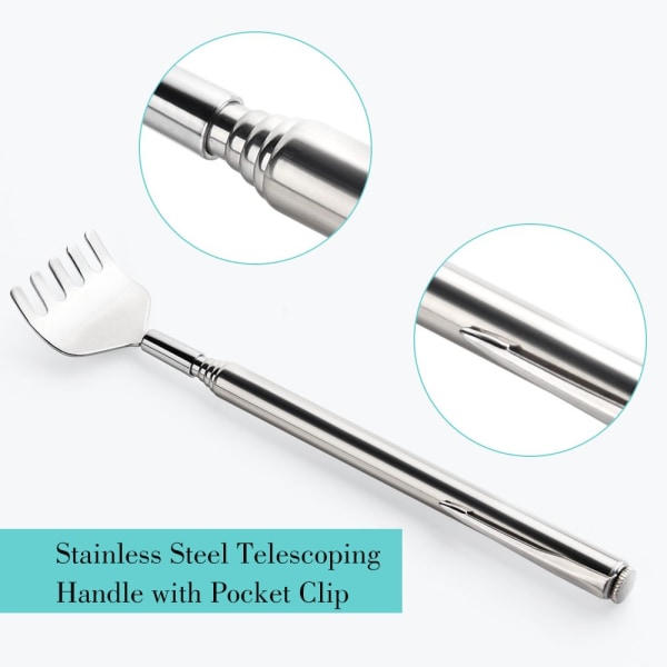4-pakke rustfritt stål teleskopisk ryggskraper Utvidbart ryggmassasjeverktøy med lommeklemme (sølvaktig)