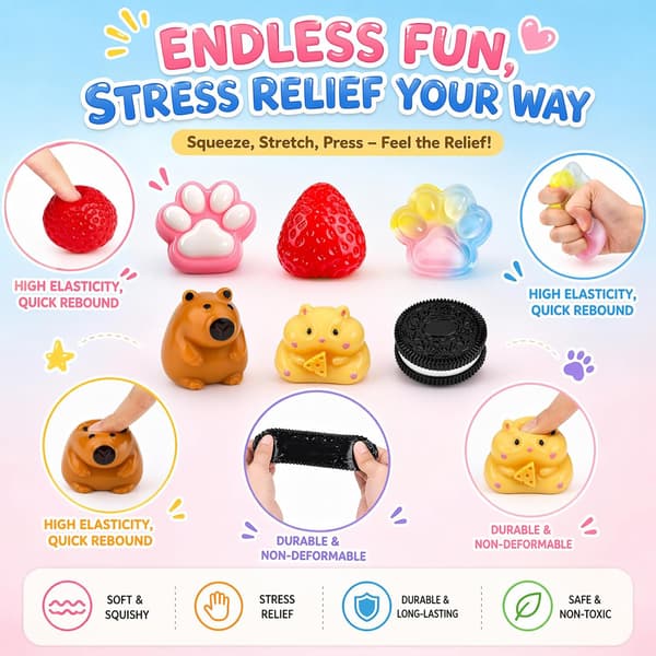 6 stk. Squishy-sæt, jordbær Squishy Fidget-legetøj til voksne, søde kattepote Capybara Squishys Stressbolde Multiple models