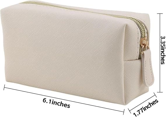 1 læder makeuptaske, bærbar lille kosmetikarrangør (til kvinder og piger), med lynlås, beige beige