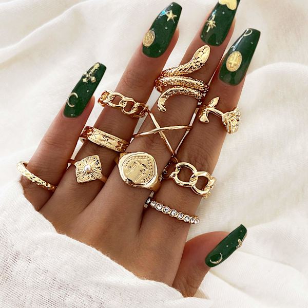 Kultaiset ja hopeiset nivelrenkaat naisille ja tytöille, 10 kpl BOHO-renkaita, vintage-käärmeketjun kukkarenkaita, kullatut statement-renkaat Midi-renkaat Sekoitettu koko