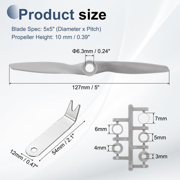 MECCANIXITY 5x5 tommer RC-propeller, 2-blads propellererstatning grå høyhastighetspropell med adapterringer og propellnøkkel for RC-fly 2 5" x 5" 2