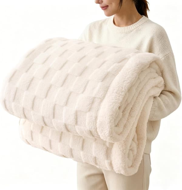 1 stk. pledd i fleece, dobbel, mykt, luftig, varmt pledd til seng og sofa, stort tykt pledd, hvit, 150x200cm. white