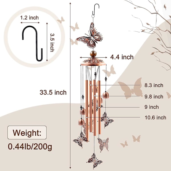 Vindklockor utomhus, fjärilsvindklockor i aluminiumrör med S-krokar, dekoration för uteplats och trädgård, inflyttningspresent