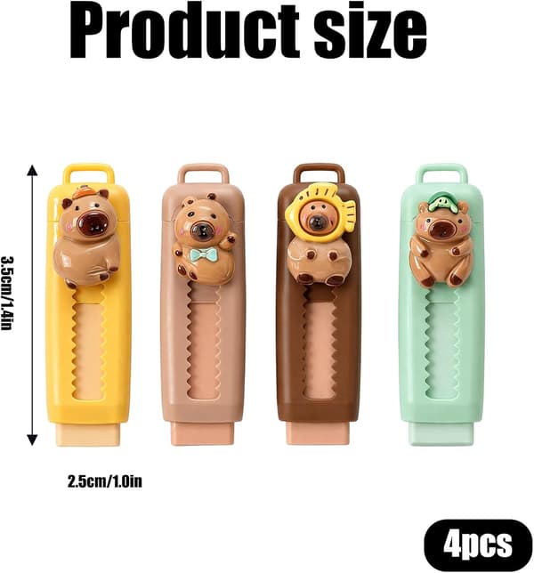 4 stk. Capybara viskelæder, udtrækkeligt push-pull design, Capybara blyantviskelædere | Nyhedspapirvarer sæt (2,5*3,5 cm)