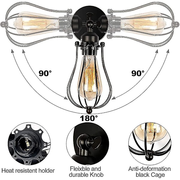 2-pakke industriell vegglampe. Vintage metallbur taklampe. Roterende vegglampe. Retro