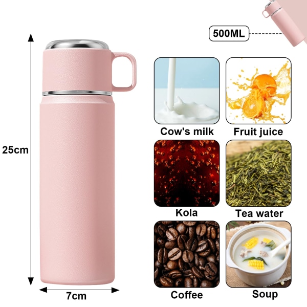Vattenflaska i rostfritt stål med läckagesäkert kopplock, 550 ml dubbelväggig vakuumisolerad kolv Bärbar kaffekopp för resa, dryckesflaska rosa