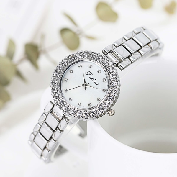 Watch med armband set pärlemor strass armbandsur för kvinnor glänsande armband i rostfritt stål roséguld watch set present